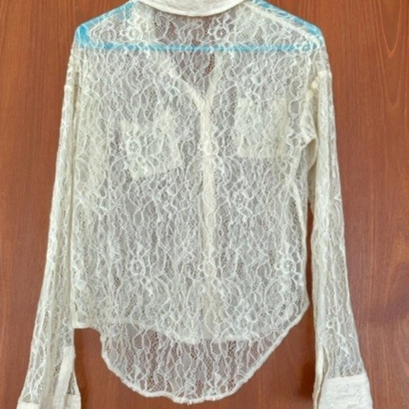 FREE PEOPLE LACE BLOUSE XSmall  Antique Ivory with Long Sleeves, Drop Shoulders - Picture 5 of 13